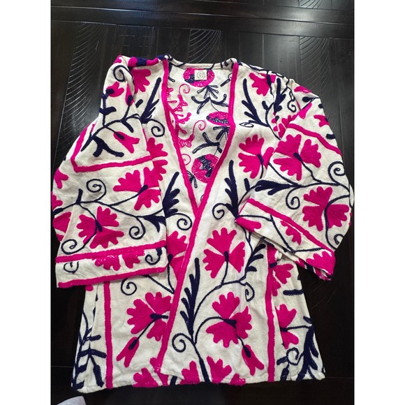 The 57 Other - The 57 Suzani Embroidered Robe Jacket Pink Navy Floral Kimono Belted Topper